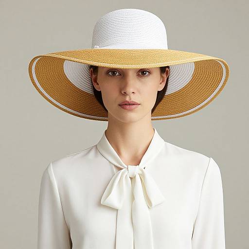 Photograph of a young woman with fair skin, wearing a white blouse and large, wide-brimmed straw hat with white trim, against a plain