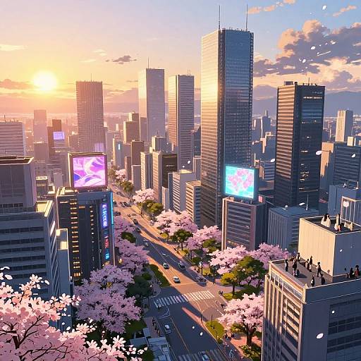 Digital anime-style cityscape at sunset featuring tall skyscrapers with glowing billboards, pink cherry blossoms, and a busy street below.