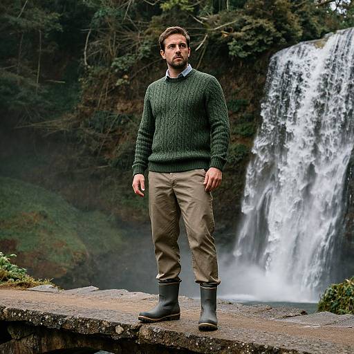 Photograph of a bearded man with dark hair, wearing a green knit sweater, beige pants, and black boots, standing on a stone ledge in
