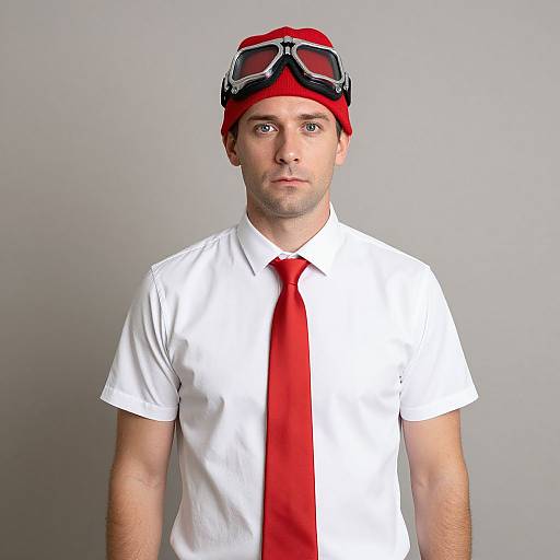 Photograph of a serious-looking man with fair skin, short brown hair, wearing a red bandana with goggles, white shirt, and red tie.