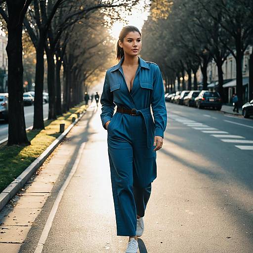Woman in Powder Blue Utility Jumpsuit Walking on Tree-Lined Boulevard