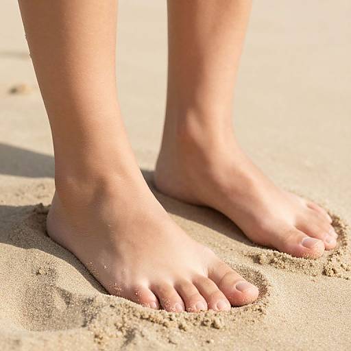 Photograph of a child's bare feet standing on sunlit, sandy beach, with fine grains of sand stuck between toes.