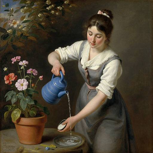 Digital painting of a fair-skinned woman in a white blouse and gray apron watering a potted flower with a blue pitcher.