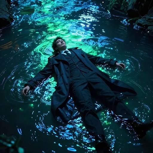 Man in Trench Coat Floating on Neon-Lit Water
