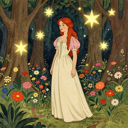 Digital illustration of a red-haired woman in a white dress, surrounded by glowing stars, colorful flowers, and tall trees in a magical forest.