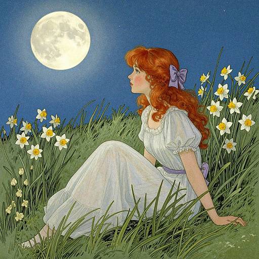 Illustration of a red-haired woman in a white dress with a purple bow, sitting in a grassy field of daisies, gazing at
