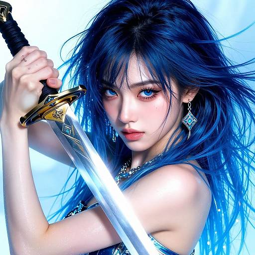 Digital art of a fierce, blue-haired woman with striking blue eyes, holding a glowing sword, wearing diamond earrings, against a bright blue background.