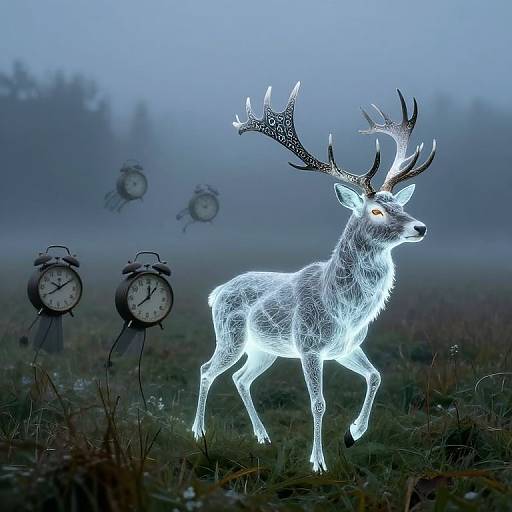 Photograph of a glowing, ethereal white deer with large antlers, standing in a misty field with three vintage clocks in the background.