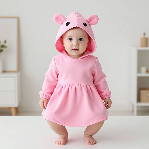 Photograph of a cute baby with light skin, wearing a pink bear-hooded dress, standing barefoot in a brightly lit room.