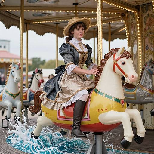 Photograph of a young woman in a vintage black and white dress, straw hat, and boots, riding a colorful carousel horse with splashing water.