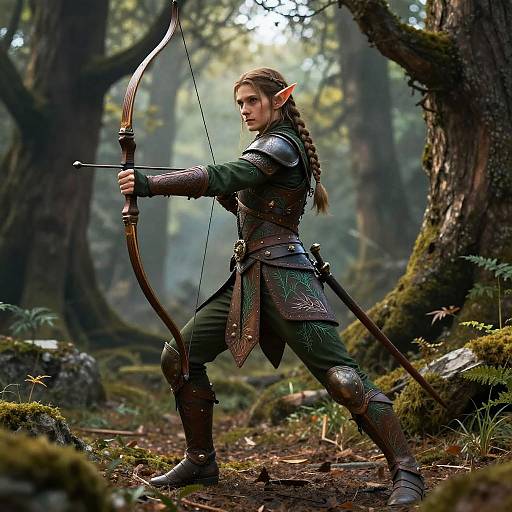 Epic fantasy CGI image of an elf archer in green armor, drawing a bow in a misty forest, with sunlight filtering through tall trees.