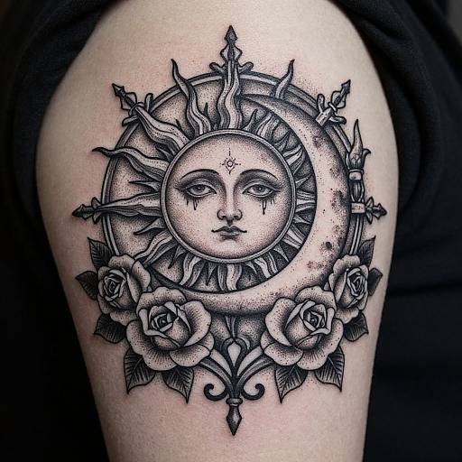 Black and grey tattoo of a sun with a human face, surrounded by roses and flames, on a person's upper arm. Photorealistic style.