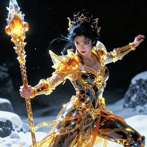 Digital artwork of a fierce, dark-haired warrior woman in glowing, golden armor wielding a flaming staff, set against a snowy, rocky night background.
