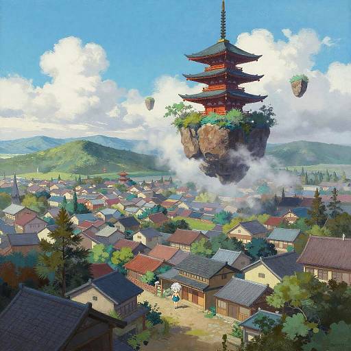 Silver-Haired Girl's Floating Pagoda Dreamscape