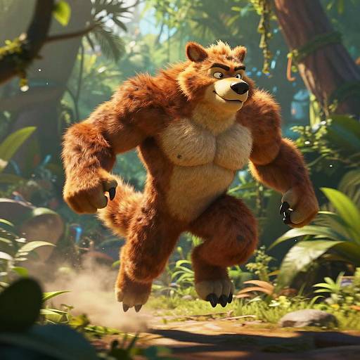 CGI image of a muscular, anthropomorphic, brown bear with a strong build and bushy tail, running through a sunlit, lush jungle.
