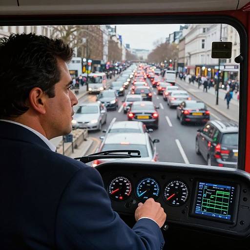 Photograph of a male taxi driver in a black suit, viewed from the back, navigating a busy urban street filled with cars and pedestrians.