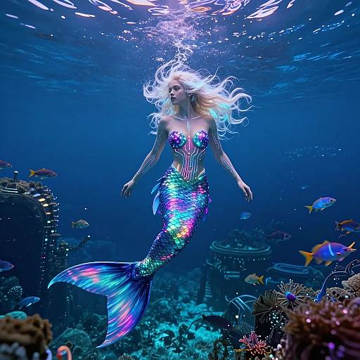 Realistic Neon Mermaid in Dystopia