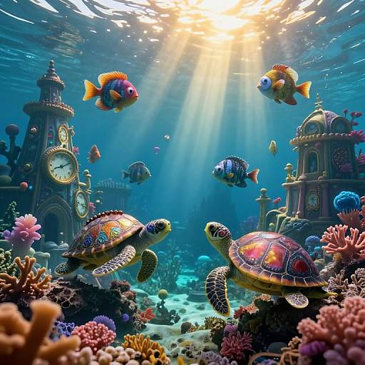 Underwater fantasy scene: colorful tropical fish, two turtles with vibrant shells, sunbeams, and ornate clock towers among coral and sea anem