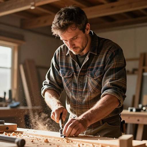Stocky Carpenter at Work in Sunlit Workshop