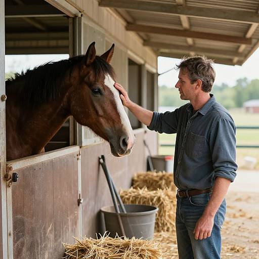 Photograph of a middle-aged man in a blue shirt gently patting a brown horse's head in a hay-strewn barn.