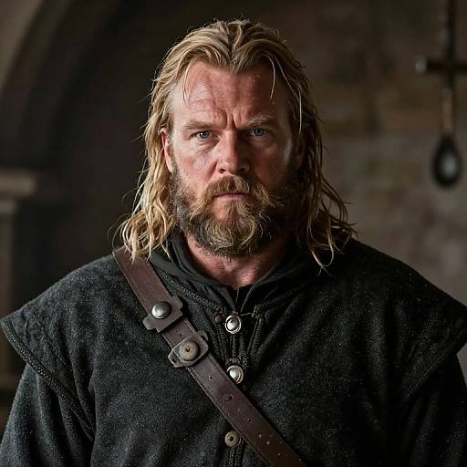 Photograph of a rugged, bearded man with long blonde hair, wearing a black, medieval-style tunic with a leather strap, standing in a
