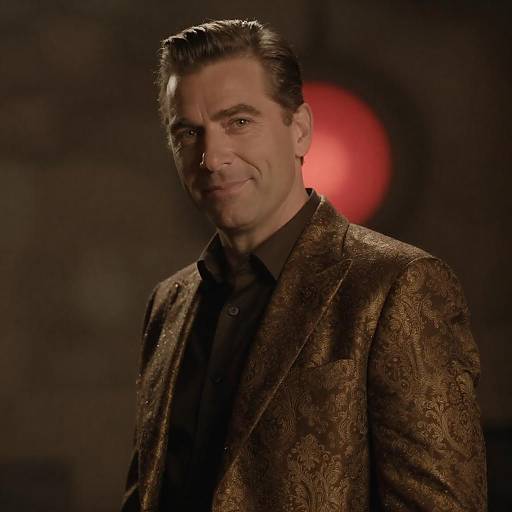 Man in Ornate Gold-Patterned Jacket with Red Light Background