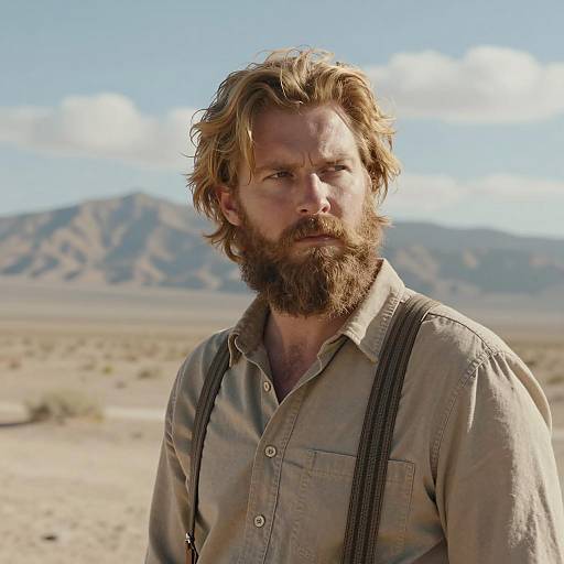 Serious Bearded Man in Desert Landscape