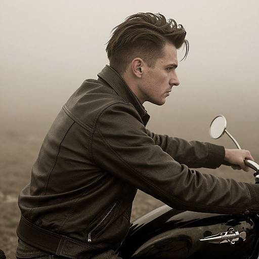 Photograph of a white man with styled brown hair, wearing a black leather jacket, riding a motorcycle on a foggy, barren landscape.