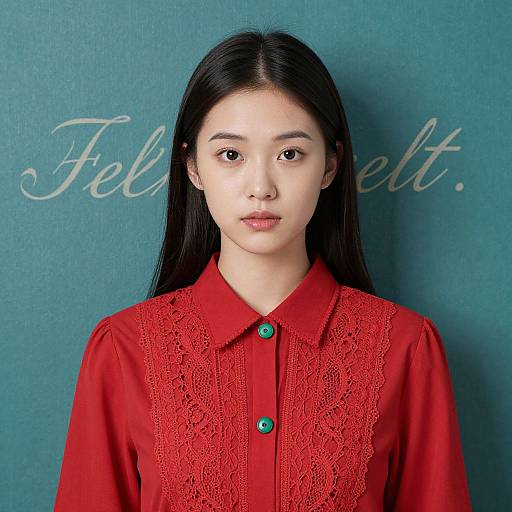 Photograph of an East Asian woman with long black hair, wearing a red lace-buttoned blouse, against a teal background with 