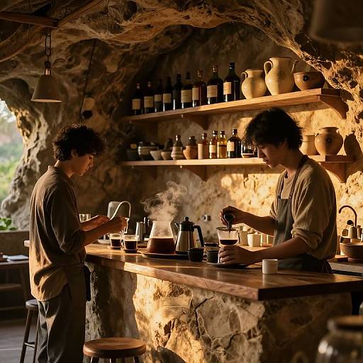 Photograph of two curly-haired men in rustic stone cave bar, illuminated by warm light, serving tea from wooden shelves stocked with jars and pottery.