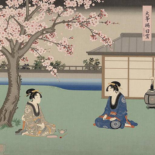 Ukiyo-e Heian Court Under Cherry Blossoms