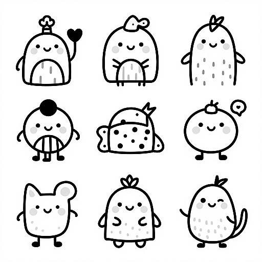 Black and white digital drawing of twelve cute, simple, cartoon-like creatures with various head shapes, smiling faces, and small details.