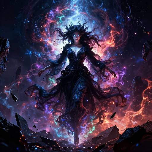 Digital fantasy art of a dark, ethereal figure with wild hair, surrounded by vibrant, colorful cosmic flames and floating debris.