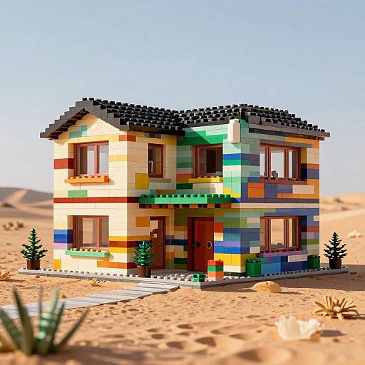 Pixel art of a colorful, two-story house with striped walls, brown windows, and a black roof, set in a sunny desert.