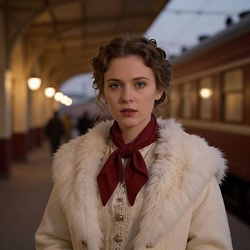 Photograph of a young woman with curly brown hair, wearing a white fur-trimmed coat and maroon scarf, standing on a dimly lit