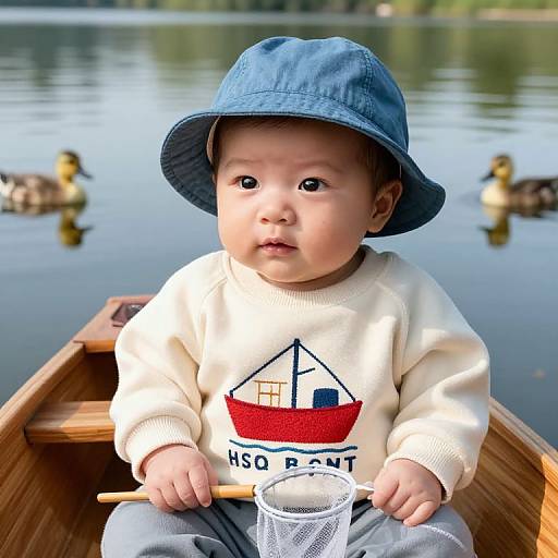 Photograph of a baby in a blue hat and white sweater with a boat print, holding a net in a wooden boat, with ducks swimming on a