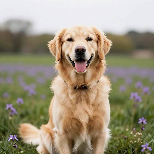 Golden Retriever in Serene Purple Meadow