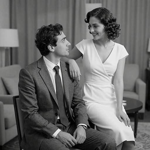 Black and white portrait of couple in living room