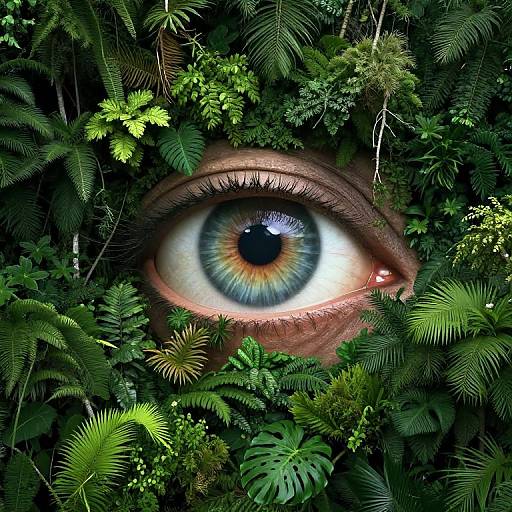 Photorealistic image of a vibrant blue-green eye with intricate iris patterns, surrounded by dense, lush green ferns and foliage.