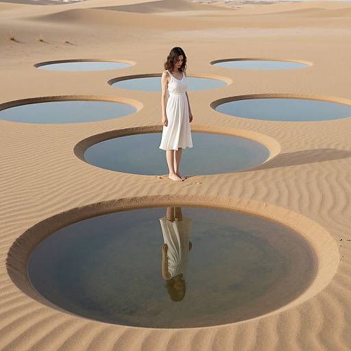 Photograph of a woman in a white dress standing on a circular water hole in a sandy desert with multiple circular water holes in the background.