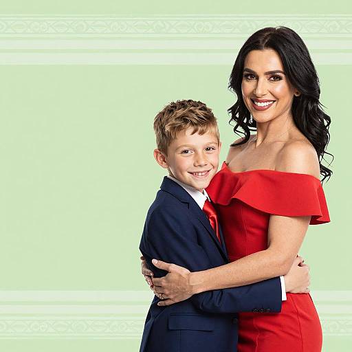 Woman and Boy Embracing in Formal Attire