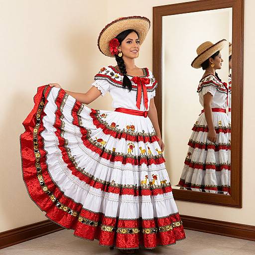 Photograph of a smiling Latina woman in a white, red, and gold embroidered traditional Mexican dress, straw hat, and mirror reflection.