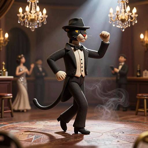 Anthropomorphic black cat in a tuxedo and top hat, smoking, strikes a confident pose on a dimly lit dance floor with chandel