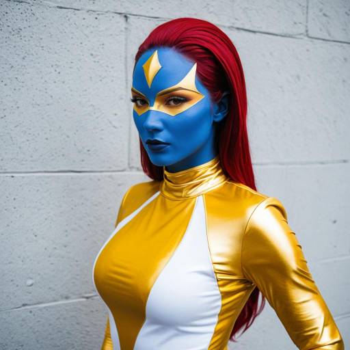 Mystique Cosplay with Blue Face Paint and Gold Outfit