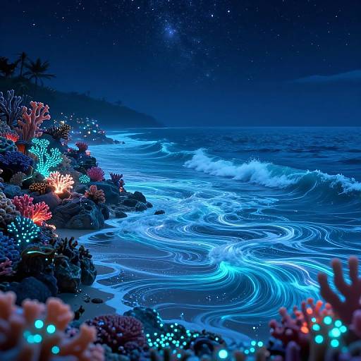 Cyber-Fantasy Beach with Bioluminescent Coral