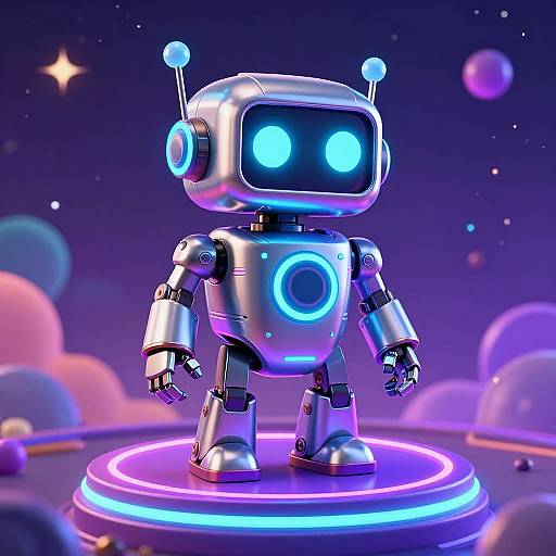 CGI image of a shiny, robotic figure with glowing blue eyes and circular neon lights, standing on a purple-lit platform in a colorful, cosmic