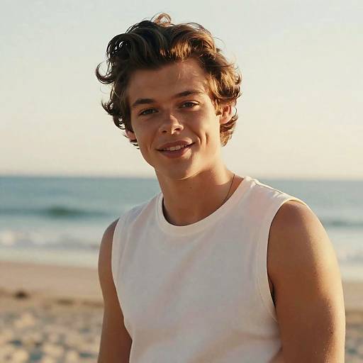 Photograph of a young man with wavy brown hair, smiling, wearing a white sleeveless shirt, standing on a sunny beach with ocean waves in