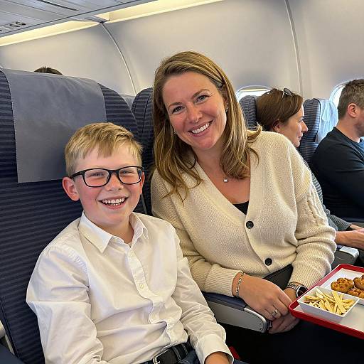 Smiling mother and son on airplane