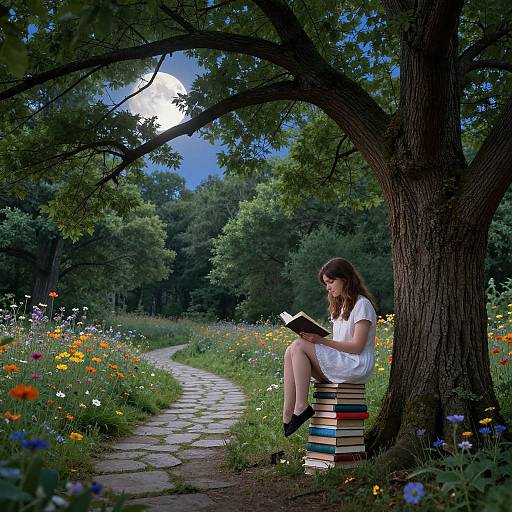 Photograph of a young woman with long brown hair, wearing a white dress, reading a book while sitting on a stack of colorful books under a tree