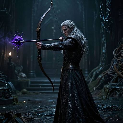 Photorealistic fantasy image: Silver-haired archer in black ornate robe, releasing purple magical arrow in dim, forested, misty background.